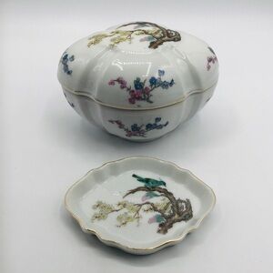 Vtg Nasco Floral Jewelry Trinket Box & Tray 2 Piece Set Tea Flowers Bird Japan